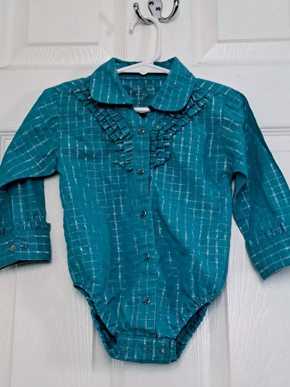 Wrangler Pearl Snap Baby Girl Western Rodeo One Piece Teal Romper 18M L/S GUC
